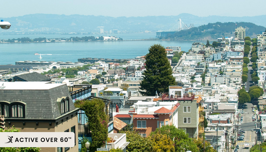 View of a steep urban street lined with houses and cars, showing a sharp incline against a clear sky.