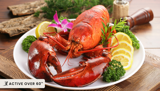 Fresh seafood, eggs, and brown rice on a kitchen table, symbolizing common foods that may contain hidden PFAS ‘forever chemicals