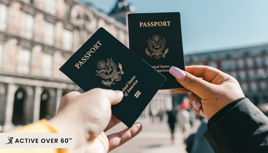 Traveler holding an open passport at an airport, looking concerned after losing travel documents