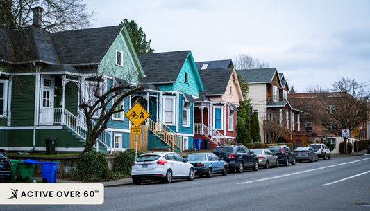 Row of colorful small-town style houses with front porches, parked cars along the street, and a pedestrian-bicycle crossing sign on a cloudy day