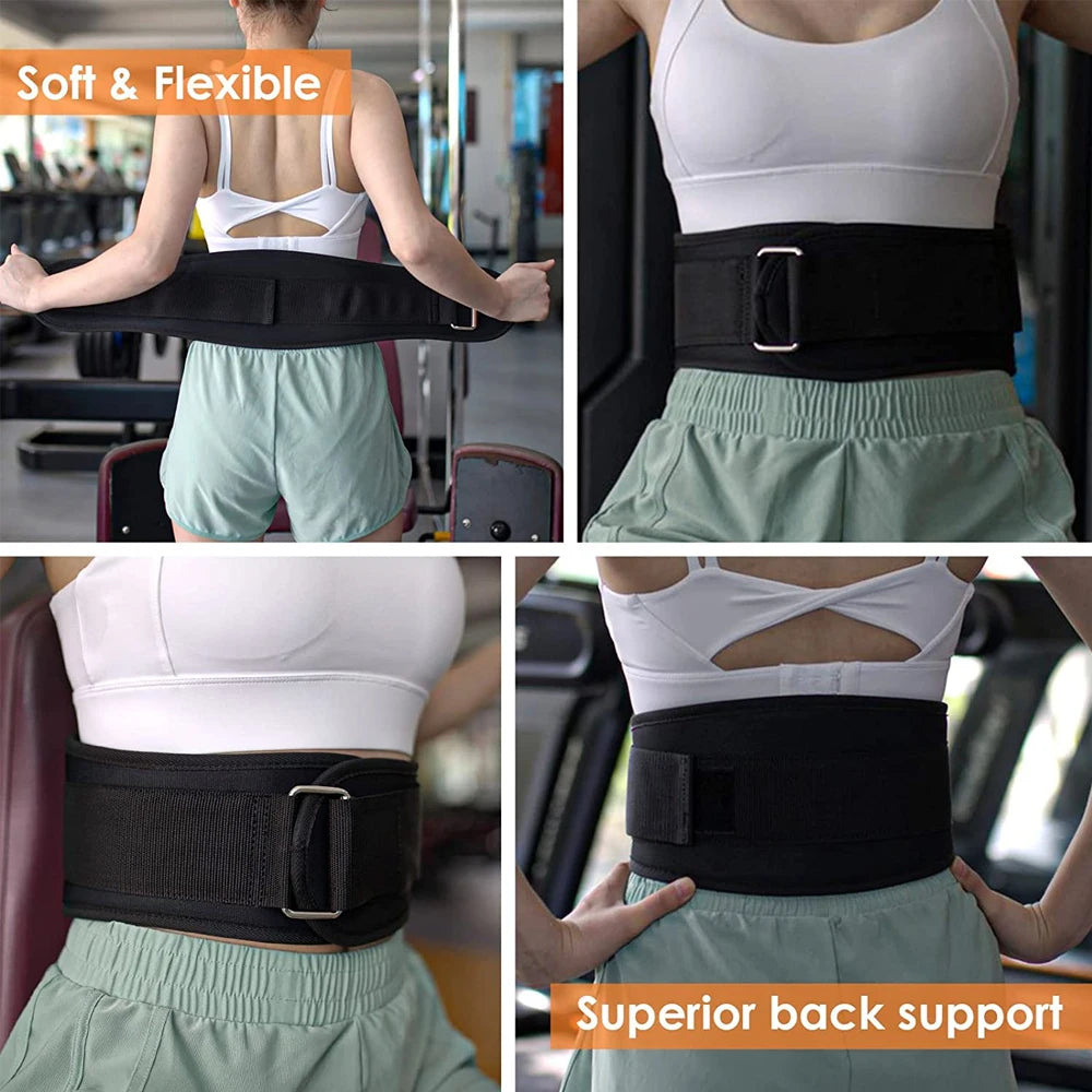 Black back support belt worn by a person in various poses with text highlighting its softness and flexibility.
