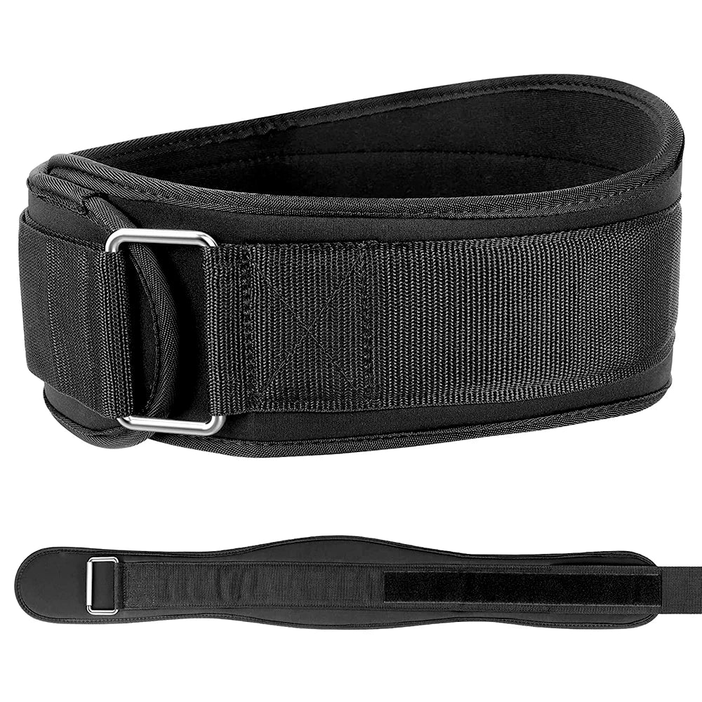 Black weightlifting belt with silver buckle on a white background