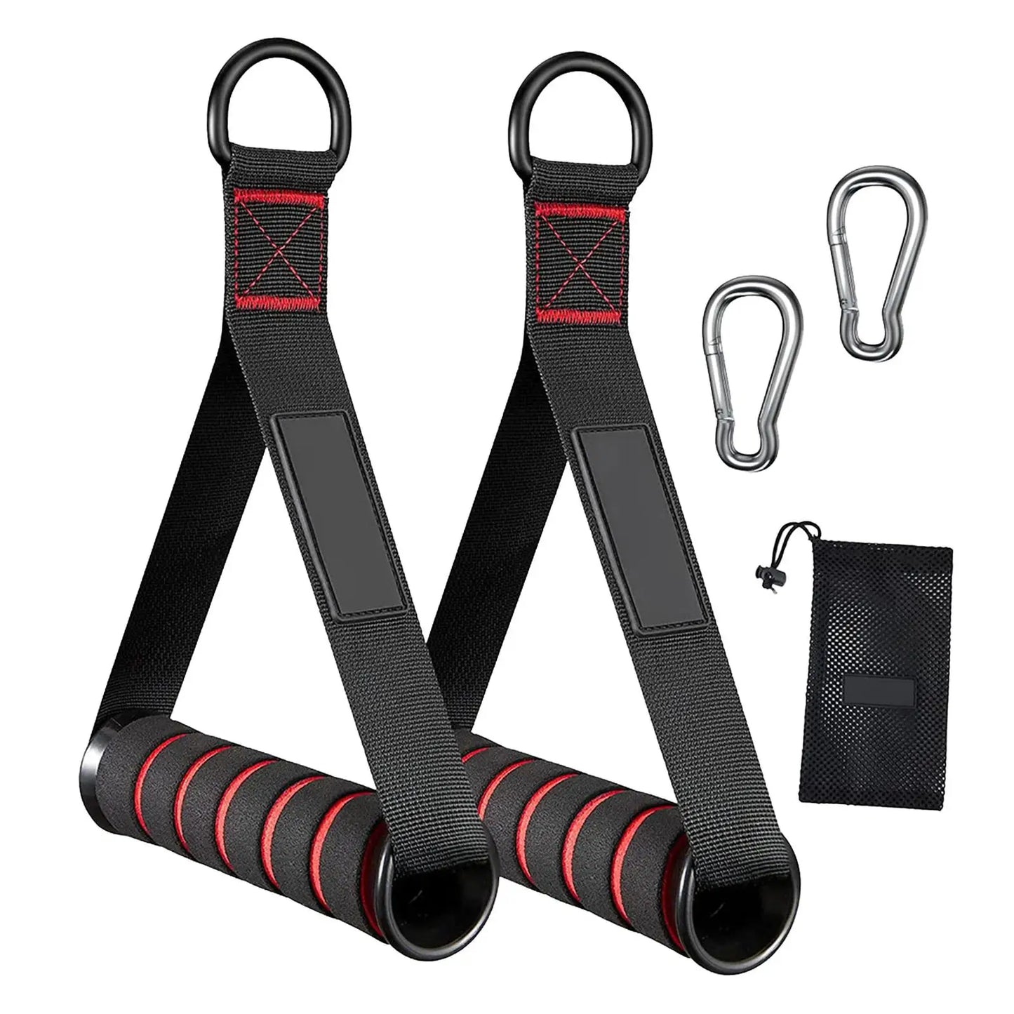 Black exercise straps with carabiner and pouch on a white background