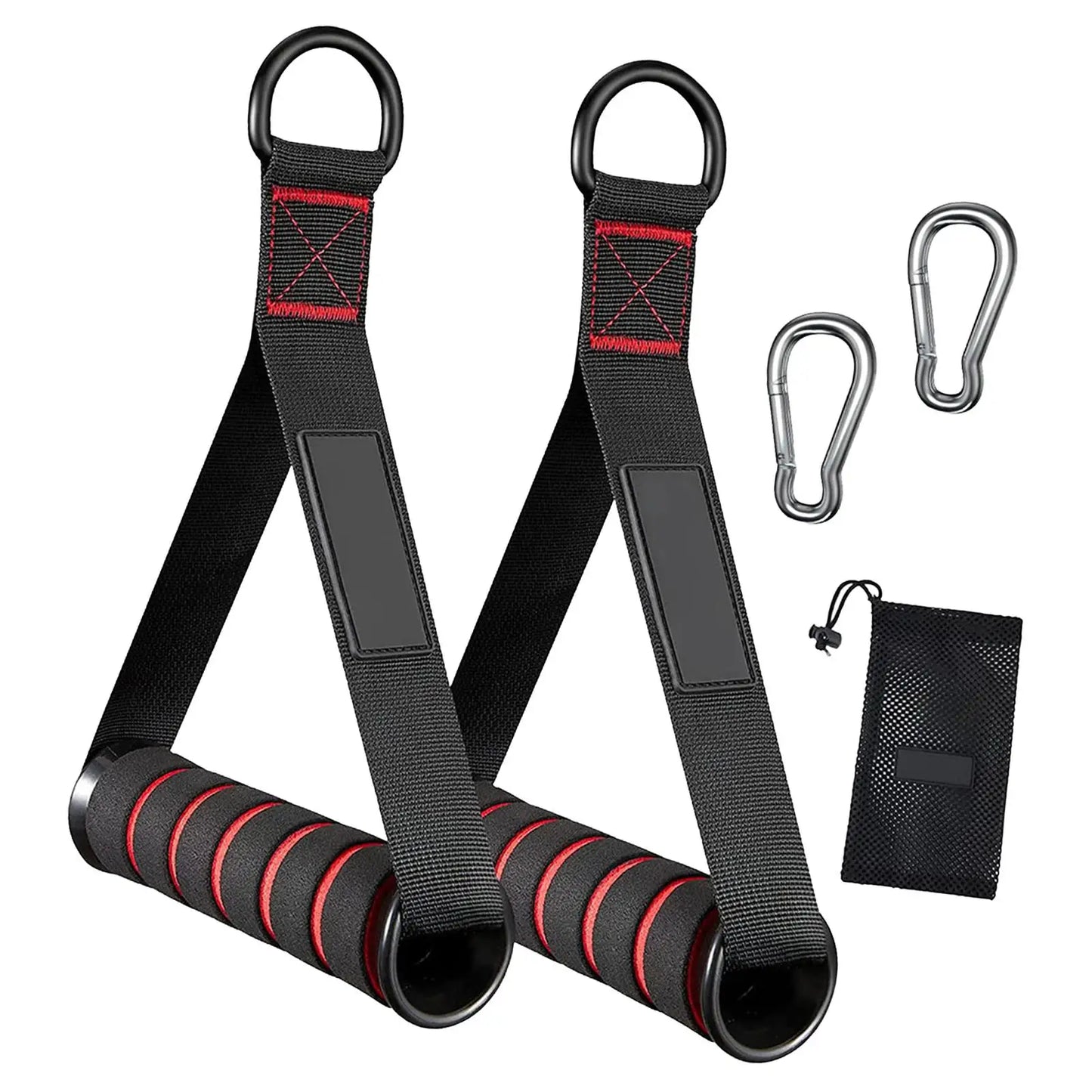 Black resistance band set with carabiners and a pouch on a white background