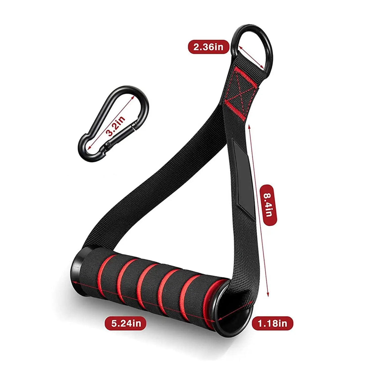 Black and red resistance band with carabiner and measurements on a white background