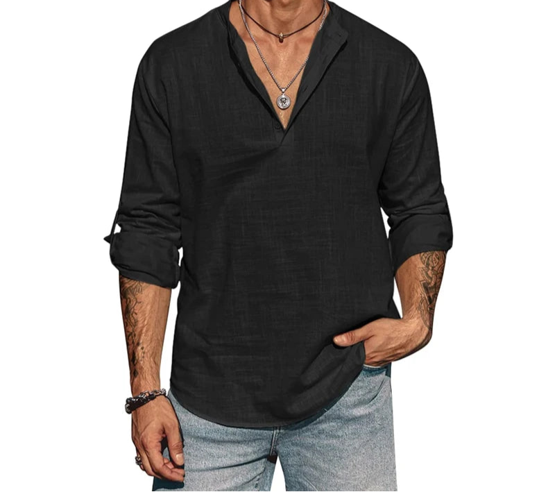 Lightweight men’s cotton shirt with a stand collar and full-length sleeves.