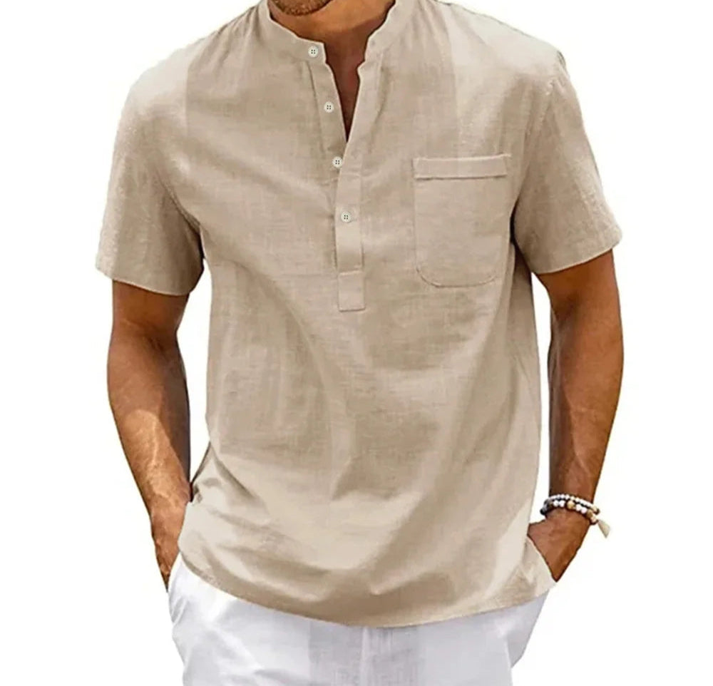Men’s casual linen cotton Henley shirt in solid color, front view
