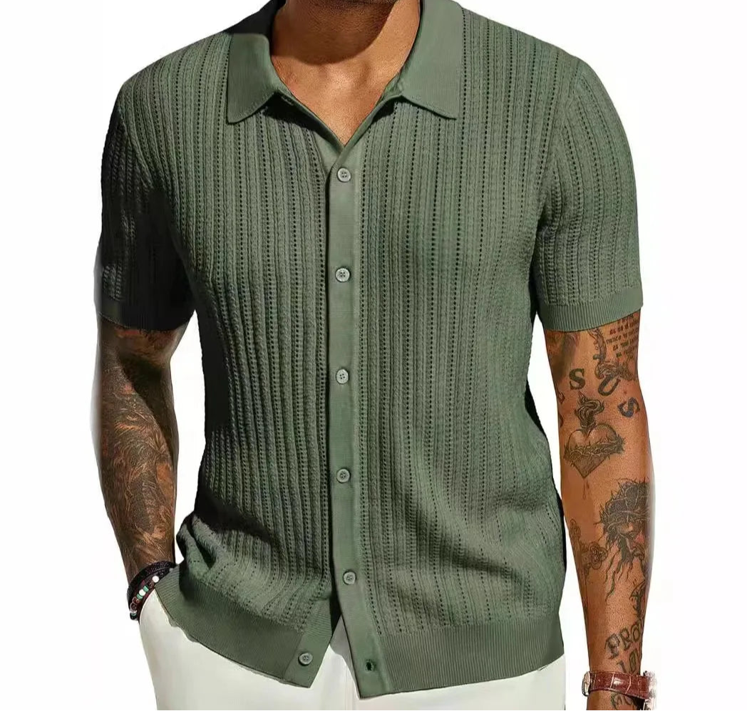 Lightweight short-sleeve men’s polo shirt with a plaid pattern and turn-down collar.