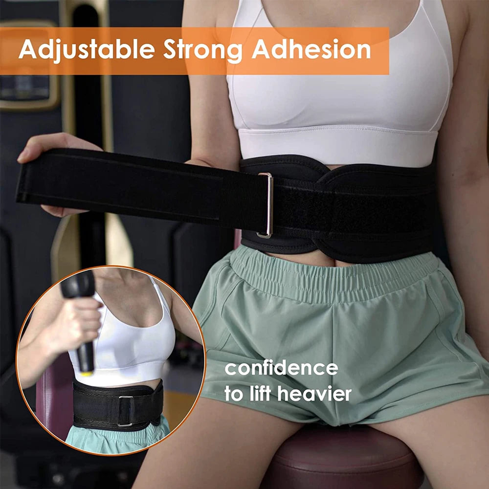 Person wearing a black waist support belt with text about adjustable strong adhesion and lifting confidence.