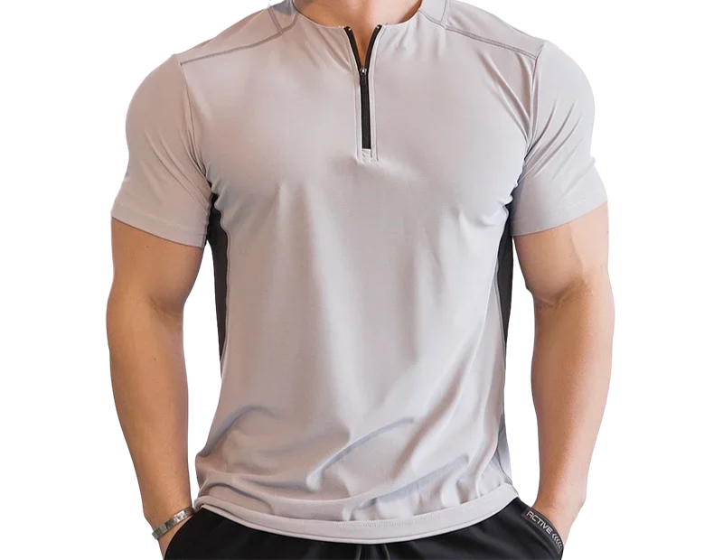 Short-sleeve breathable fitness shirt featuring a stand collar