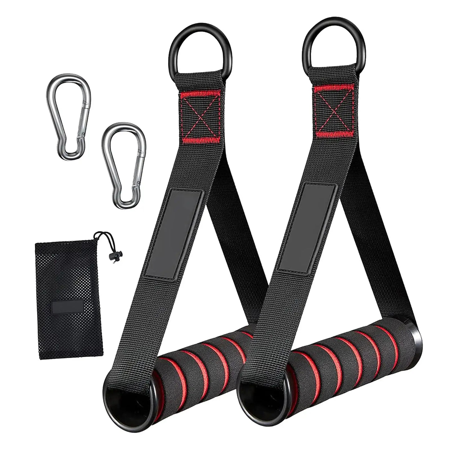 Black and red exercise straps with carabiners and a pouch on a white background