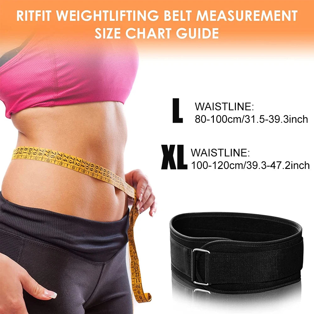 Ritfit weightlifting belt measurement size chart guide with waist measurement details.