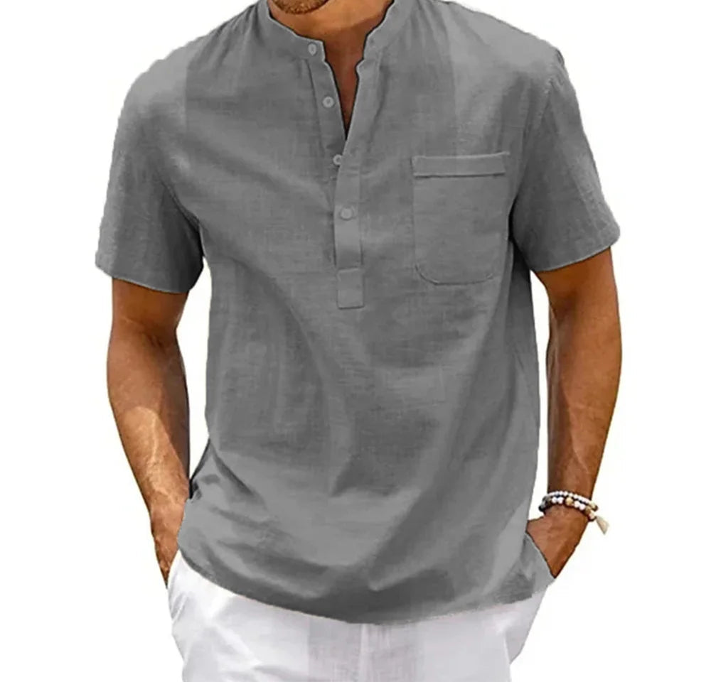 Short sleeve breathable linen cotton Henley shirt styled with casual pants