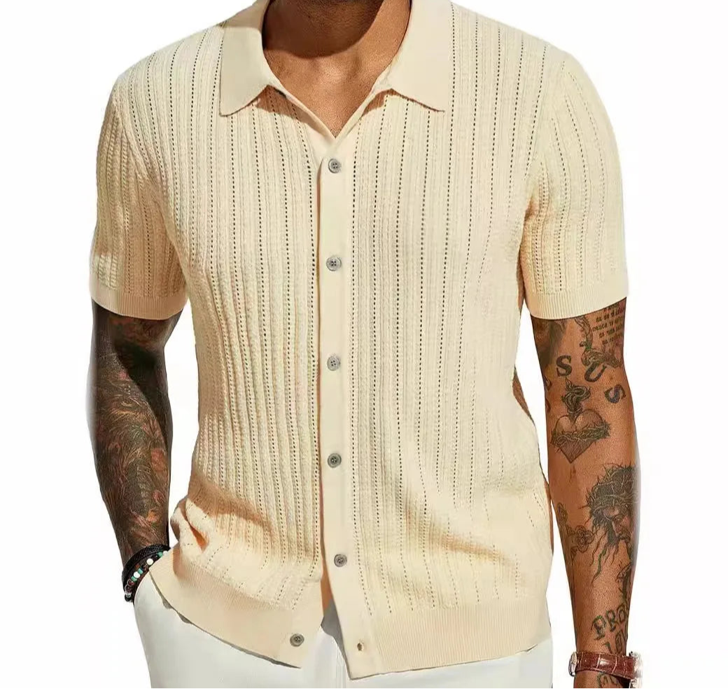 Solid color men’s polo shirt with a breathable, ventilated material for summer.