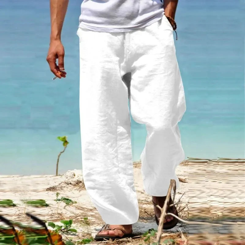 Midweight casual summer pants with elastic waist and flat front design