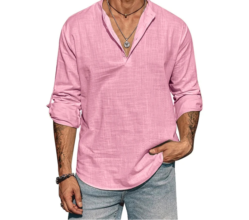 Men’s lightweight cotton shirt with a modern stand collar and regular sleeves.