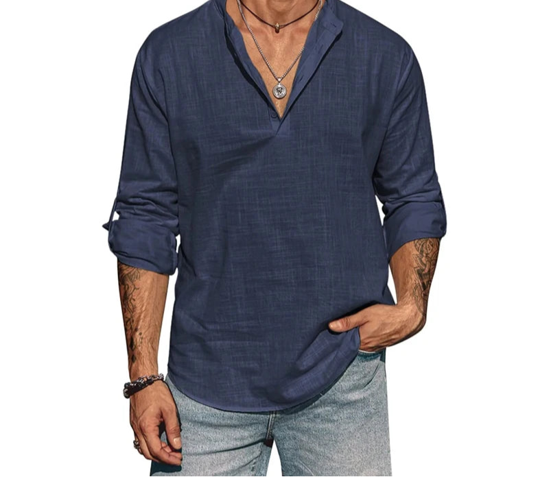 Breathable men’s casual shirt with solid color and classic stand collar design.
