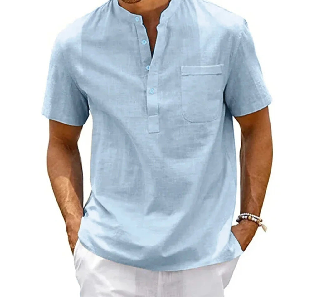Man wearing breathable linen-cotton Henley shirt outdoors in summer