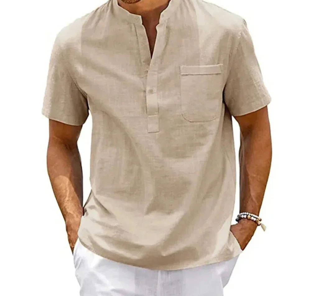 Side view of relaxed-fit linen cotton Henley shirt for active seniors