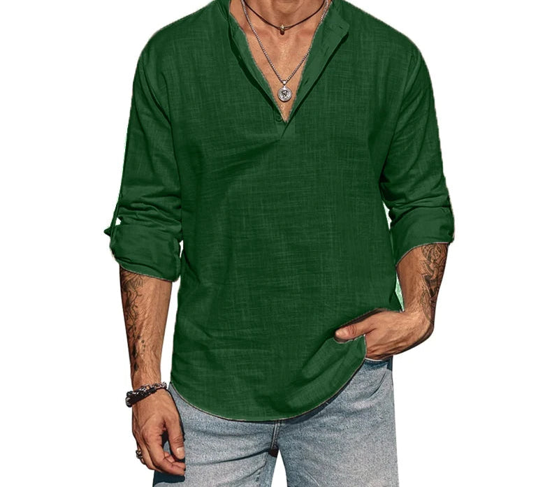 Versatile men’s breathable cotton shirt with full sleeves and simple solid pattern.
