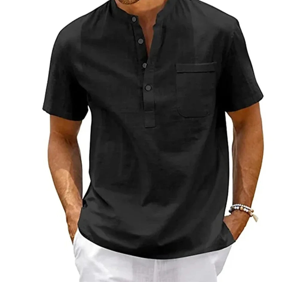 Close-up of breathable cotton and linen fabric texture on Henley shirt