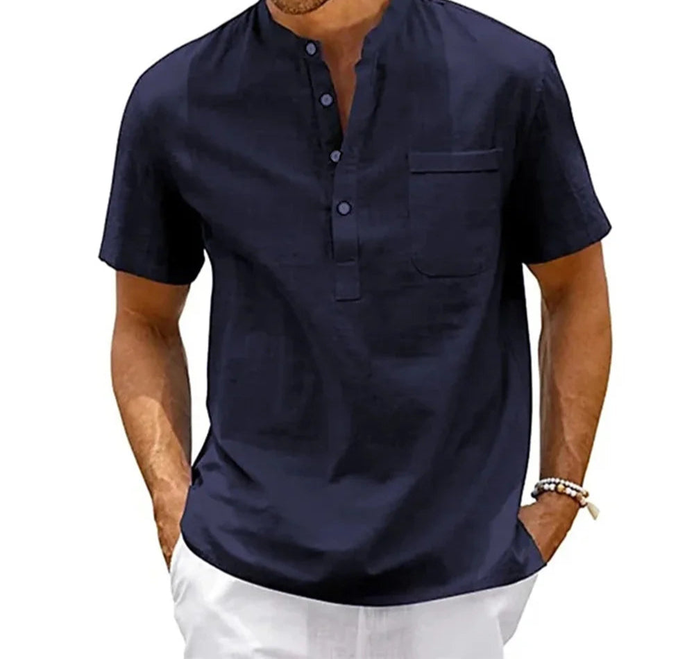 Pull-on closure detail on breathable relaxed-fit Henley shirt