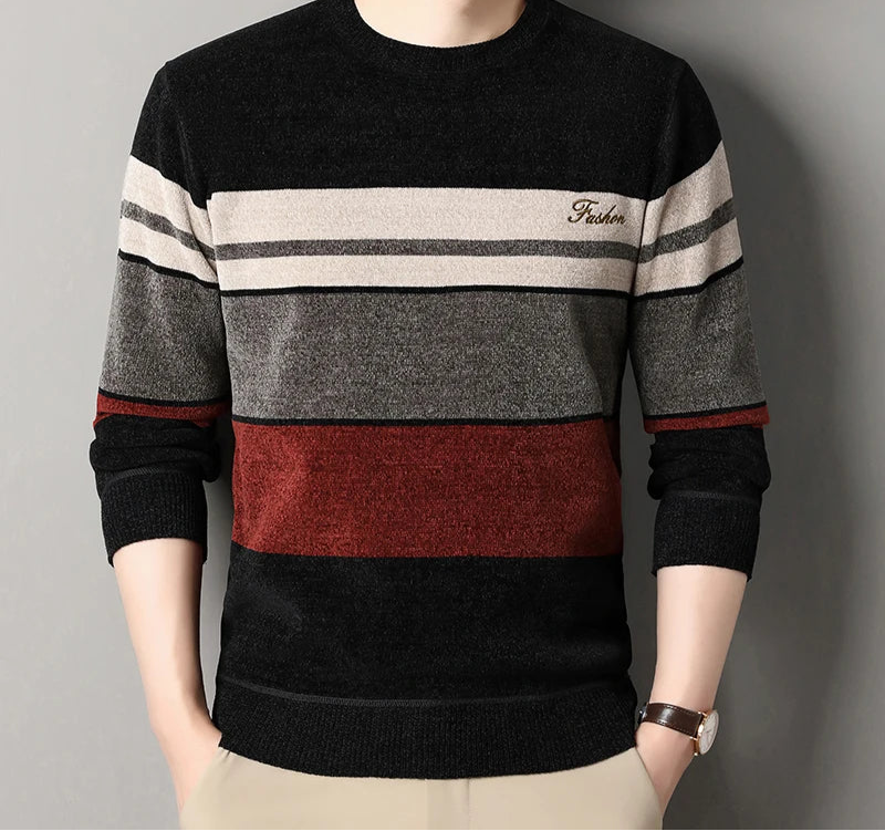 Man wearing a casual men's striped knit sweater during an autumn walk