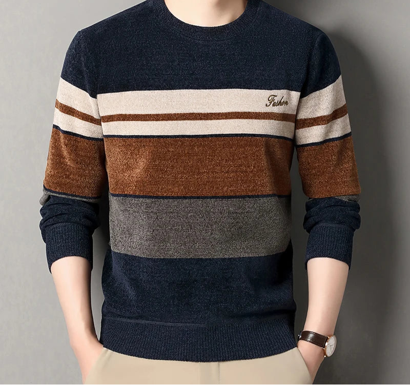 Folded men's pullover sweater showcasing soft polyester knit texture