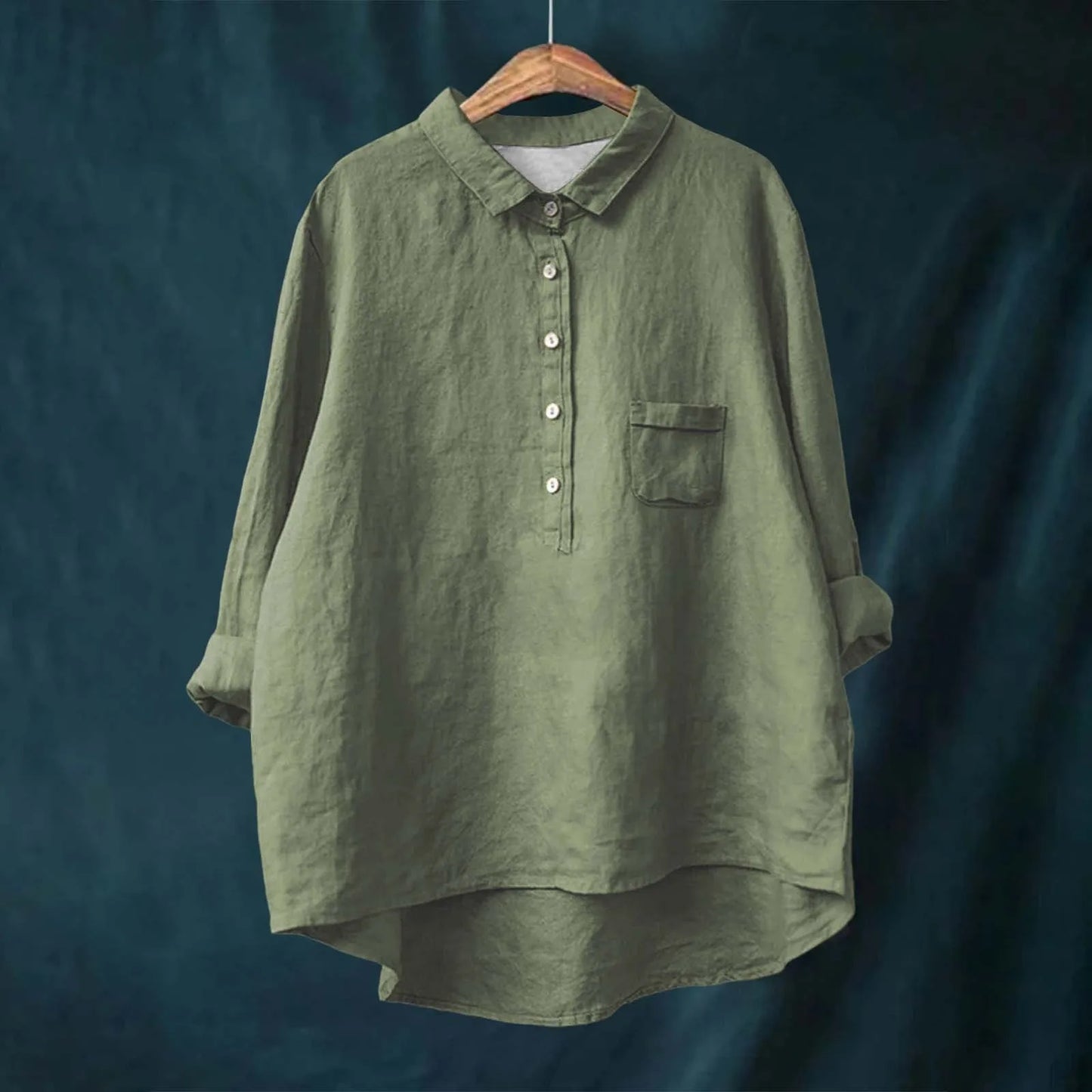 Side view of collared floral shirt highlighting flattering coverage and easy pairing with casual or dressy bottoms.