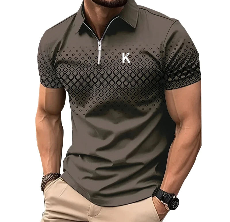 Stylish geometric 3D digital print polo with zipper collar