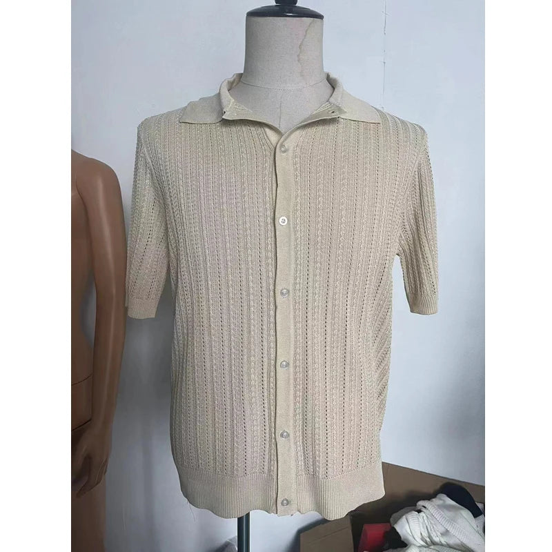 Breathable polyester knit fabric with a soft texture in a casual polo design.