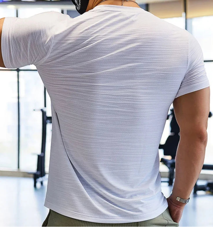 Tailored fit training tee suitable for walking, jogging, or workouts