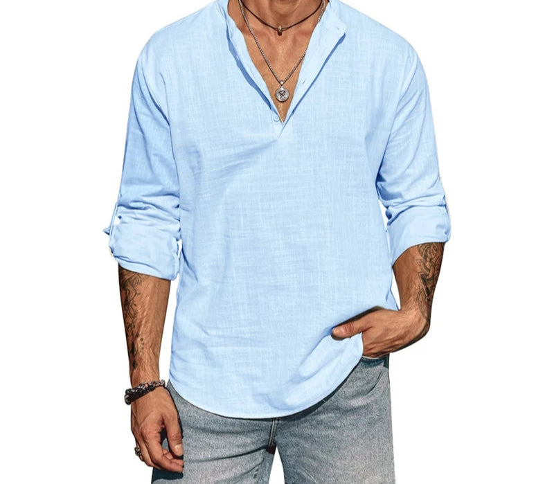 Stylish men’s full-sleeve cotton shirt with a stand collar for everyday use.