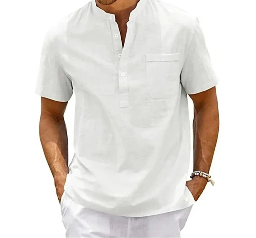 Classic Henley collar detail on men’s casual linen cotton shirt
