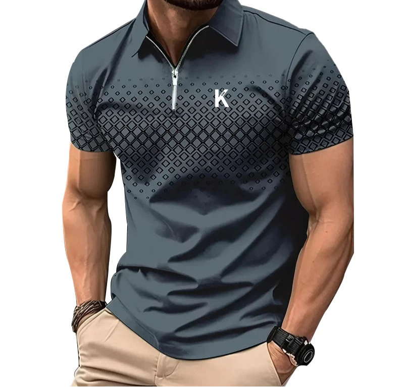 Men’s Summer 3D Print Zipper Polo Shirt with breathable fabric