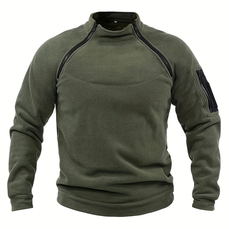 A army green tactical pullover for men with a high-standing collar, zippered front, and long sleeves.