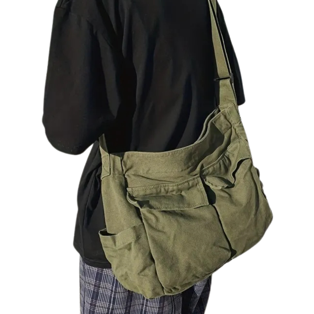 Active_Over_60 Vintage Canvas Crossbody Shoulder Bag with flap pocket and adjustable strap.