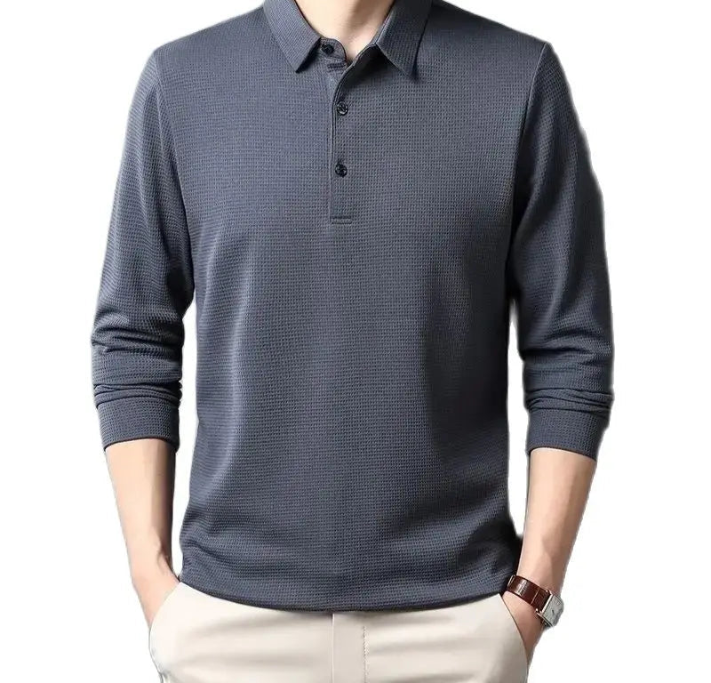 Men’s waffle-textured long sleeve polo shirt with a turn-down collar