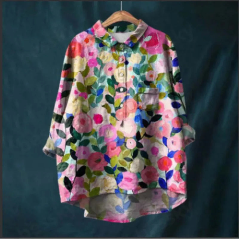 Back view of lightweight, loose-fit collared shirt showcasing long length and flowy silhouette for everyday comfort.