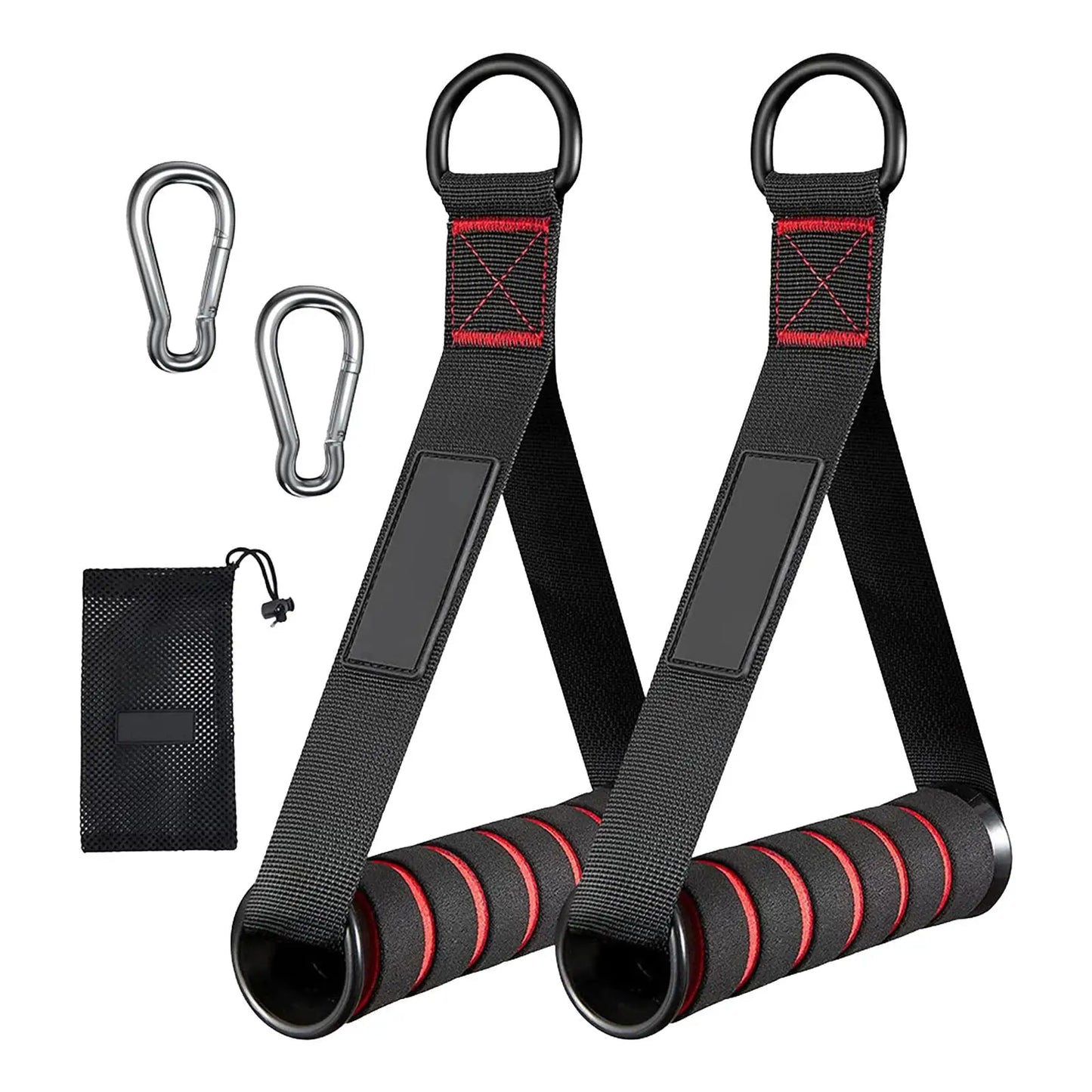 Black and red resistance band set with carabiners and a pouch on a white background