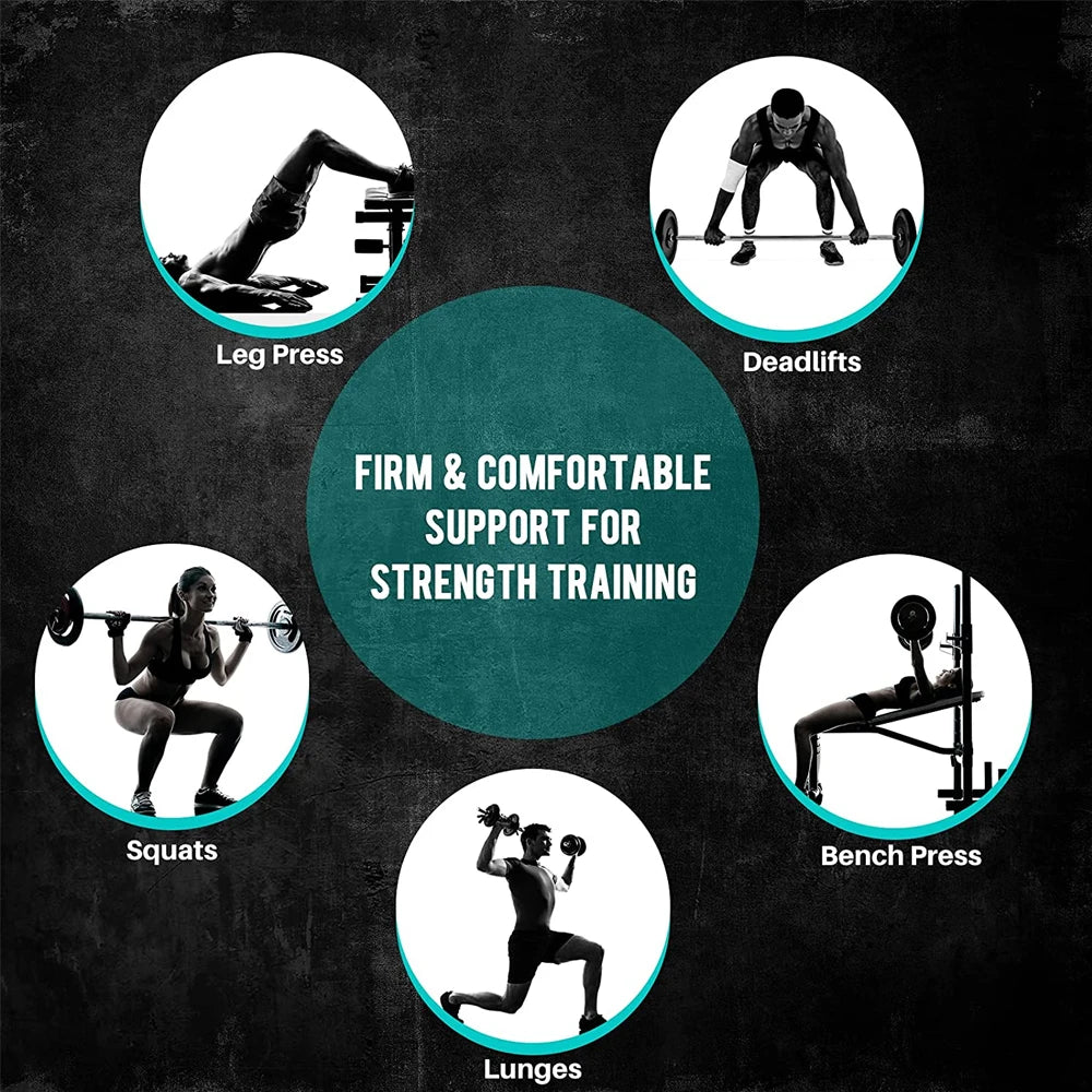 Illustrations of various strength training exercises with text on a dark background