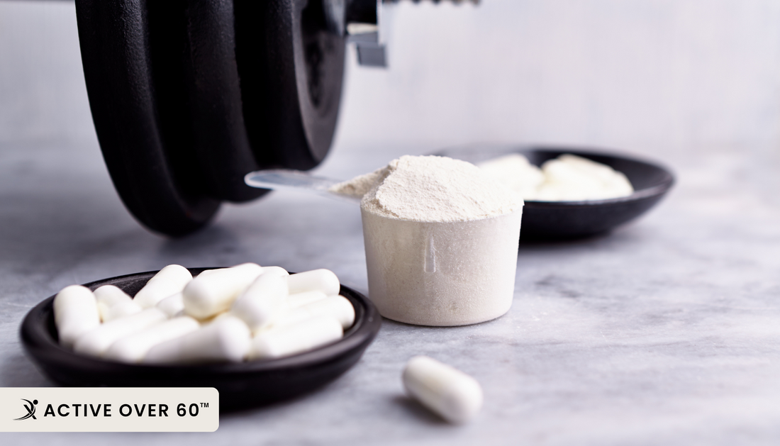 Illustration combining activewear iconography and creatine powder or a pill in hand.