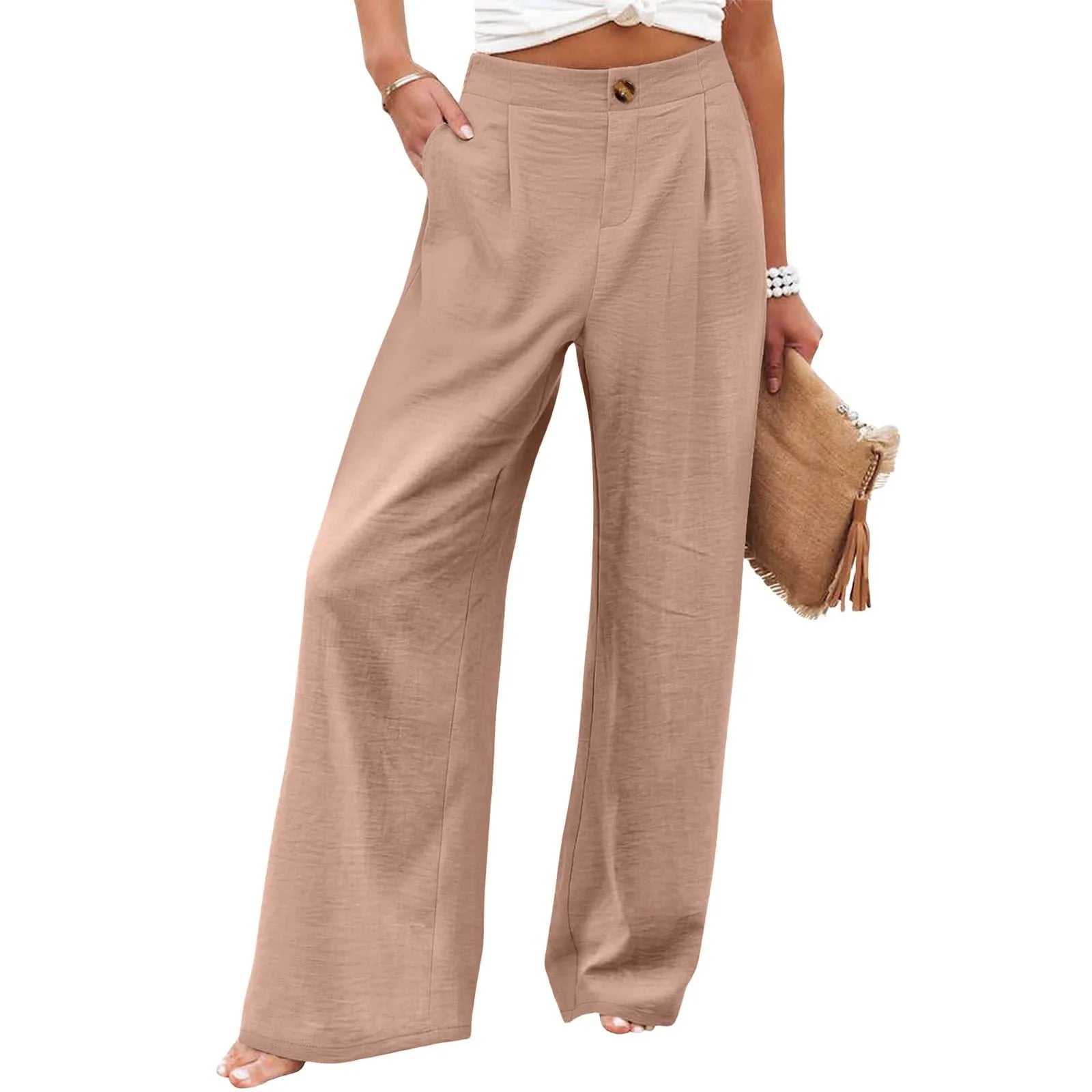 Beige wide-leg pants worn by a person on a white background