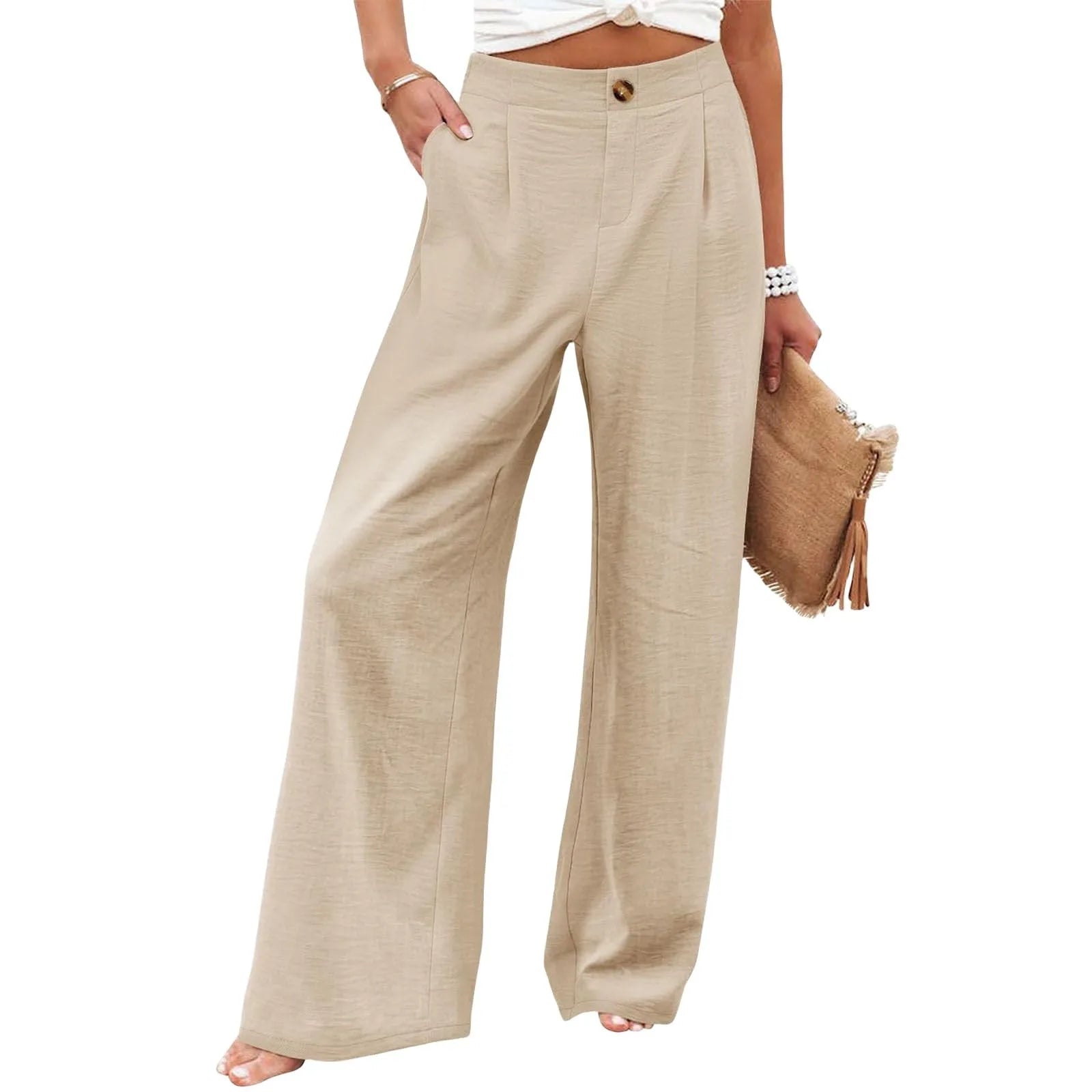 Beige wide-leg pants worn by a person on a white background