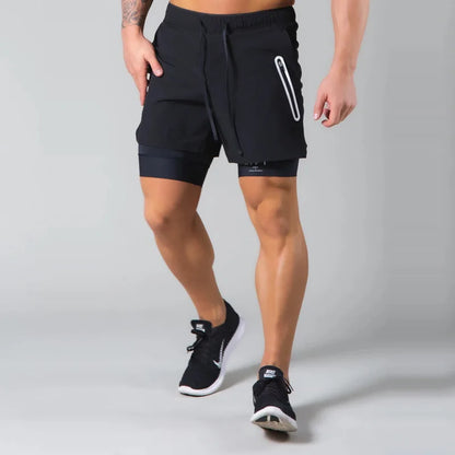 Breathable polyester double-layer shorts designed for senior men’s active lifestyle in black