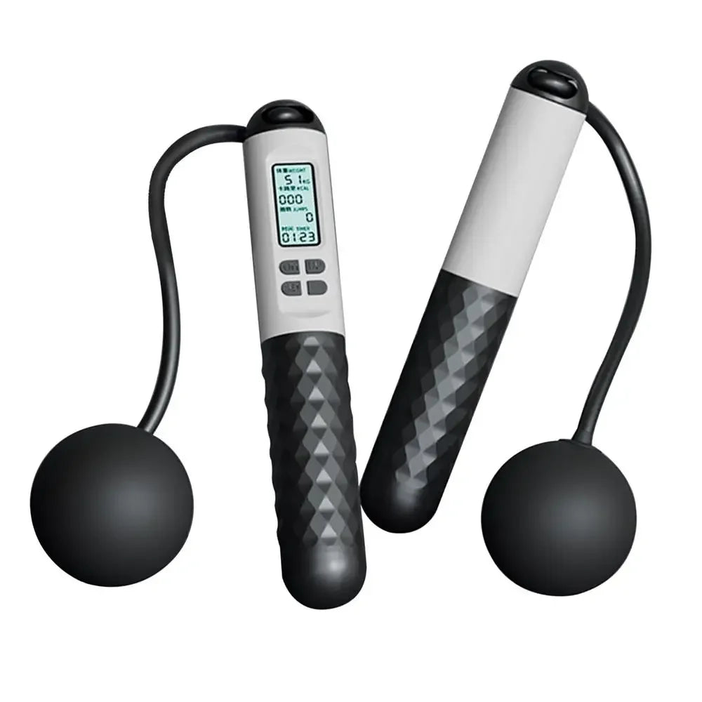 Portable jump rope with LCD display tracking jumps and calories.

