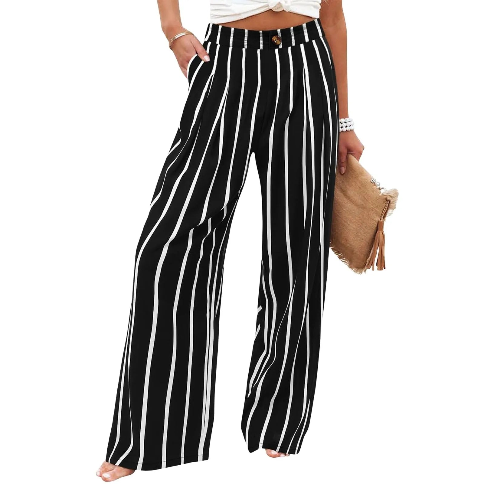 Black and white striped pants worn by a person on a white background