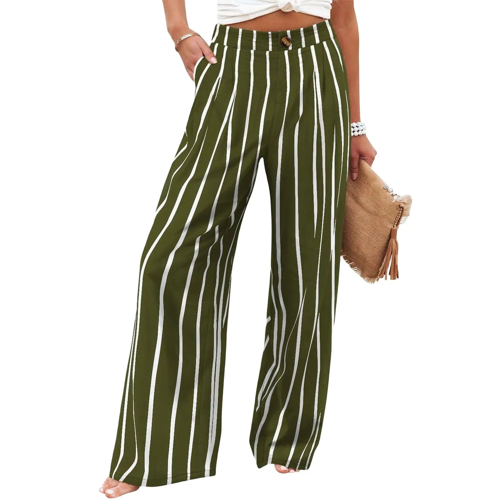 Black and white striped pants worn by a person on a white background