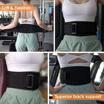 Black back support belt worn by a person in various poses with text highlighting its softness and flexibility.
