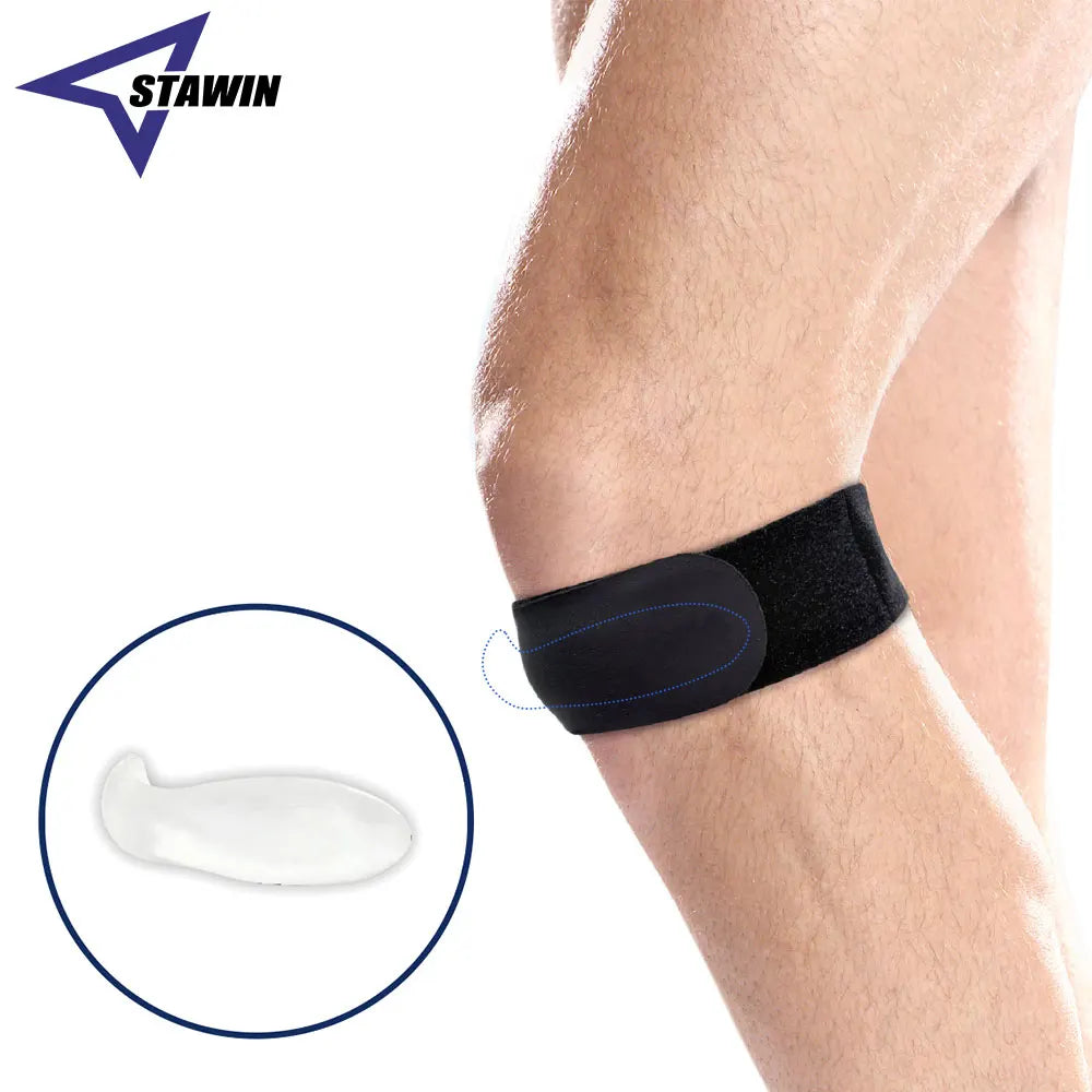 Black knee brace on a person's knee with Stawin branding and a close-up of a white gel pack.